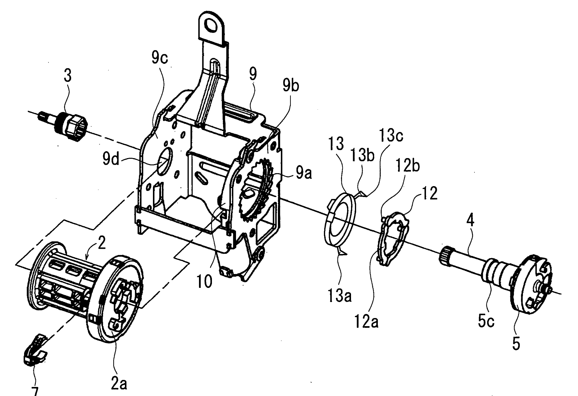 Vedere explodată mecanism retractor centuri auto - toate componentele interne: arc spiralat, rotor, sistem de blocare